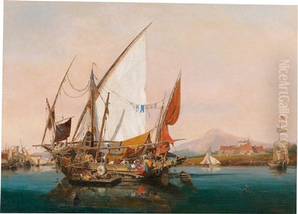 Sailors Loading A Ship In A Southern Harbour Oil Painting by Ambroise Louis Garneray