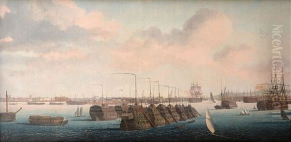 Prison Hulks Lying In Portsmouth Harbour Oil Painting by Ambroise Louis Garneray