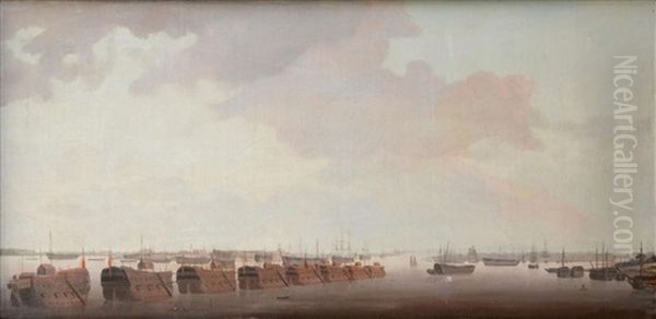 Portsmouth Harbour, Early Morning View Of The Prisoner Of War Hulks In Portchester Creek by Ambroise Louis Garneray