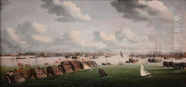 Prison Hulks And Other Shipping In Portsmouth Harbour Oil Painting by Ambroise Louis Garneray