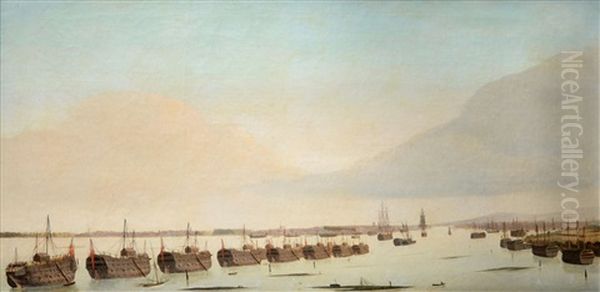 Early Morning View Of Portsmouth Harbour With The Prison Hulks At Low Tide, Showing Fishermen And Nets On The Mud Banks Oil Painting by Ambroise Louis Garneray