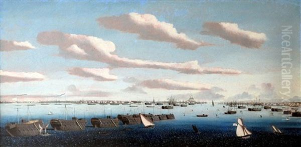 Panorama Of Portsmouth Harbour With Prison Hulks In Line Ahead And Warships At Anchor, Including Warships Of The American And Spanish Navies Oil Painting by Ambroise Louis Garneray