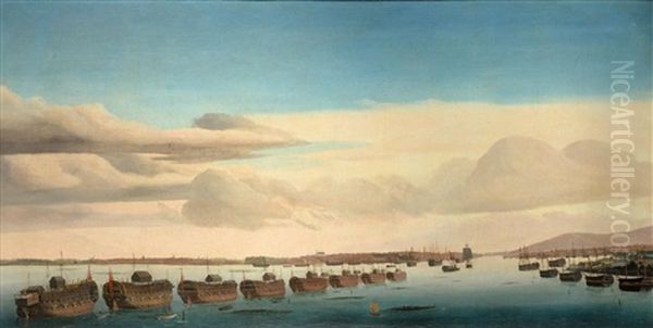 Prison Hulks Lying In Portsmouth Harbour At Dusk Oil Painting by Ambroise Louis Garneray