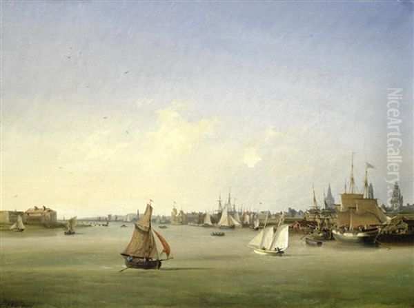 Shipping On The Seine, Rouen Oil Painting by Ambroise Louis Garneray