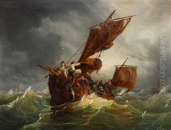 A Boat In Stormy Seas Oil Painting by Ambroise Louis Garneray