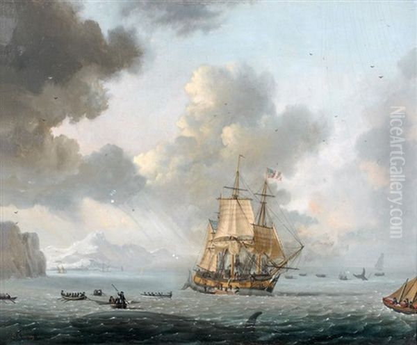 La Chasse A La Baleine Par Un Bateau Americain Oil Painting by Ambroise Louis Garneray