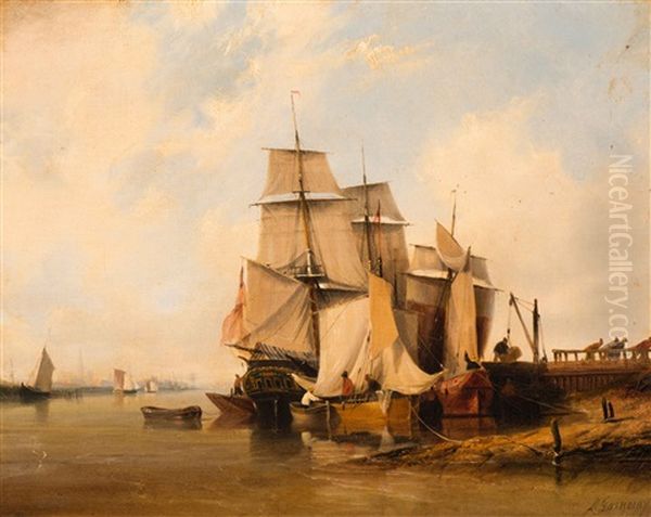 The Unloading Of Ships In The Inner Harbour Oil Painting by Ambroise Louis Garneray