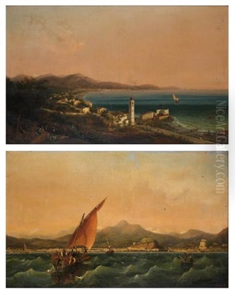 Vue De Nice Depuis La Mer (+ Vue De Nice Depuis Les Montagnes; Pair) Oil Painting by Ambroise Louis Garneray