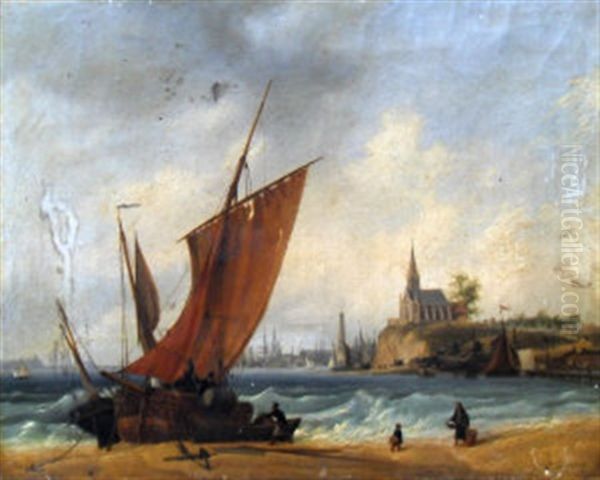 Beached Fishing Vessels With A Church And A Harbor On The Distance (on The Schelde?) Oil Painting by Ambroise Louis Garneray