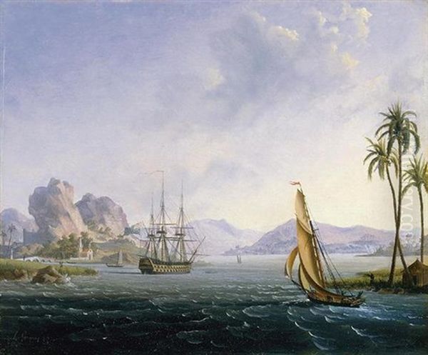 View Of A Tropical Port Oil Painting by Ambroise Louis Garneray