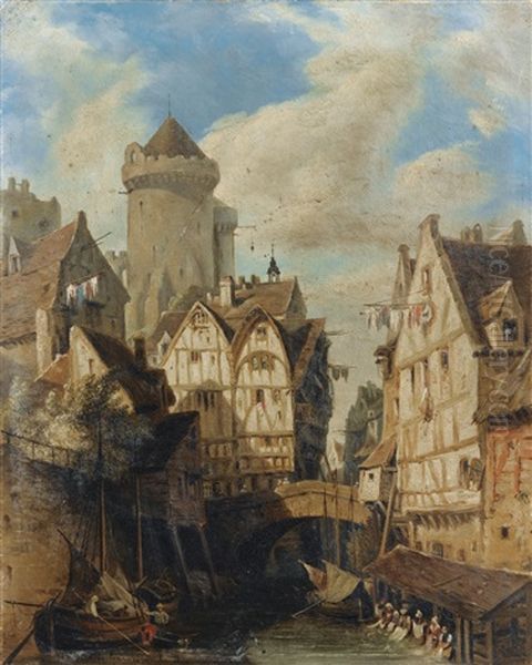 Vue D'une Ville Animee, Probablement En Normandie Oil Painting by Hippolyte Jean Baptiste Garneray