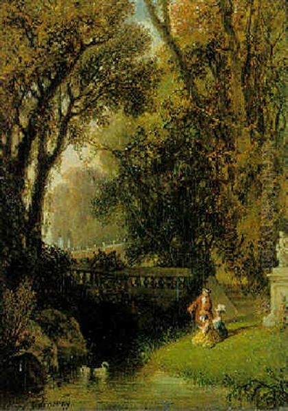 Conversation Galante Devant Le Pont Oil Painting by Hippolyte Jean Baptiste Garneray