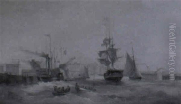 Navire Et Bateau-vapeur Aux Abords De L'entree D'un Port Oil Painting by Hippolyte Jean Baptiste Garneray