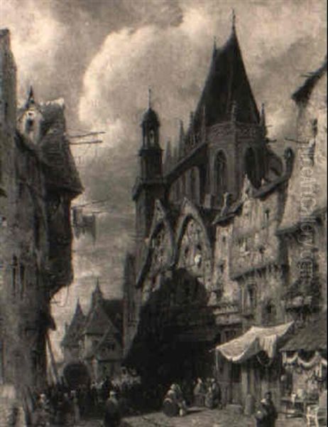 Markt In Einer Normannischen Kleinstadt Oil Painting by Hippolyte Jean Baptiste Garneray