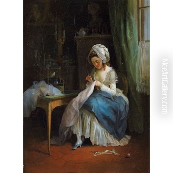 Jeune Fille Brodant Dans Un Interieur Oil Painting by Jean Francois Garneray