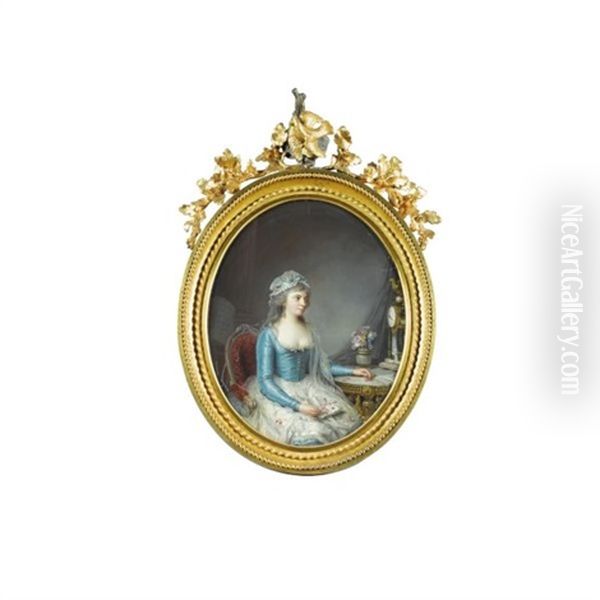 Portrait De Jeune Femme A La Robe Bleue Devant Un Gueridon Oil Painting by Jean Francois Garneray