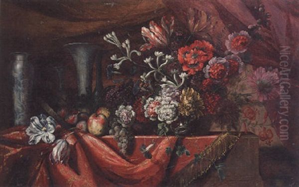 Carnations, Parrot Tulips, Morning Glory And Other Flowers In A Bowl With Fruit And Porcelain Vases On A Table Oil Painting by Etienne Barthelemy Garnier