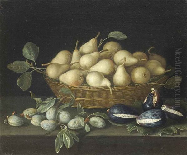 Pears In A Wicker Basket, With Almonds And Figs On A Stone Ledge Oil Painting by Francois Garnier