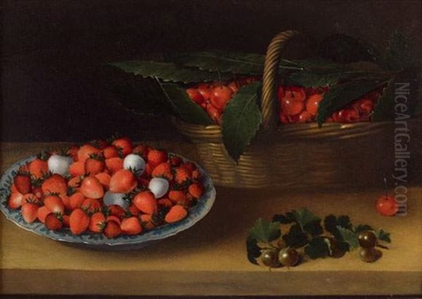 Nature Morte Au Panier De Cerises Et A La Coupe De Fraise Sur Un Entablement Oil Painting by Francois Garnier