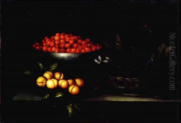 Nature Morte A La Coupe De Cerises, Corbeille De Feves Et Abricots Sur Un Entablement Oil Painting by Francois Garnier