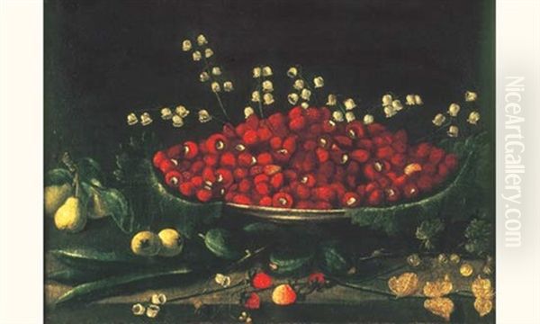 Plat De Fraises Des Bois Parseme De Muguet Dispose Sur Un Entablement A Cote De Fruits Oil Painting by Francois Garnier