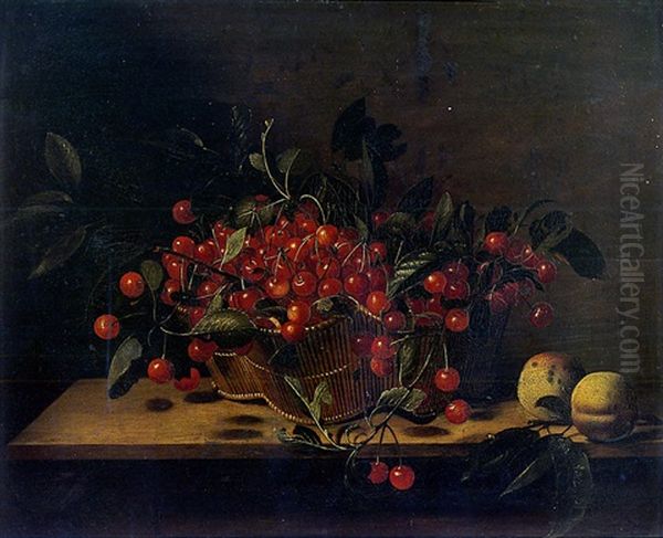 Nature Morte Au Panier De Cerises Et Peches Sur Un Entablement Oil Painting by Francois Garnier