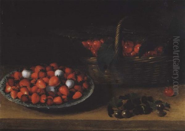 Nature Morte Au Panier De Cerises Et A La Coupe De Fraises Sur Un Entablement Oil Painting by Francois Garnier