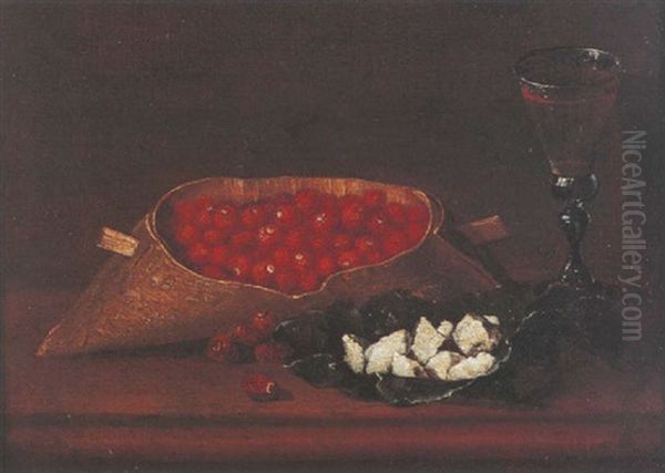 Nature Morte Aux Fraises Des Bois, Confiseries Et Verre De Vin Sur Un Entablement Oil Painting by Francois Garnier