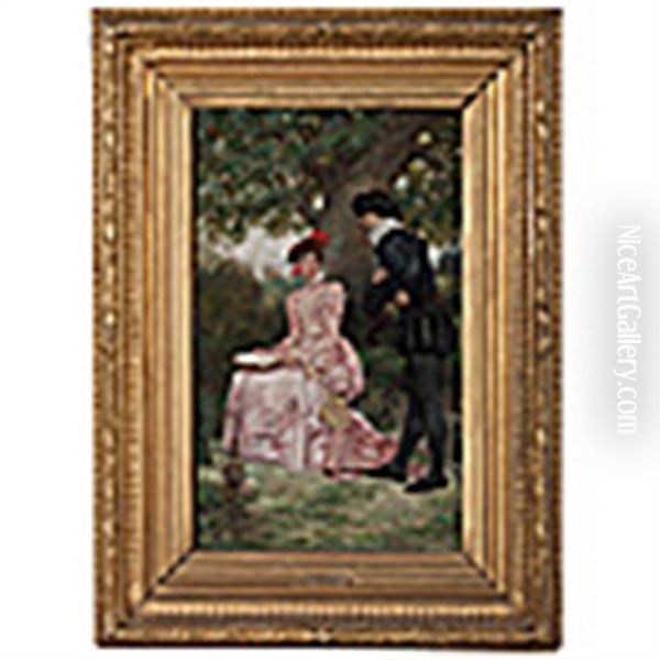 Courting Scene In Garden Oil Painting by Jules Arsene Garnier