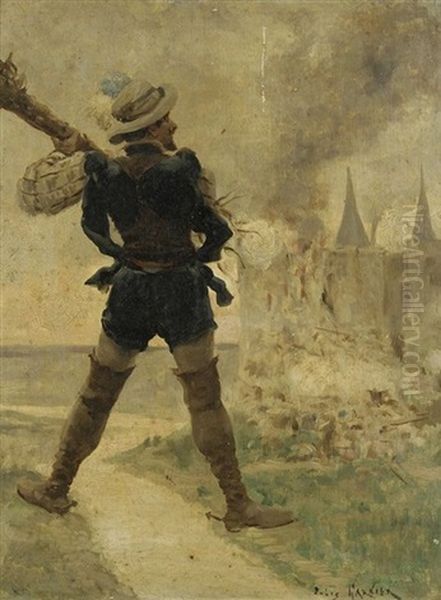 Personnage Devant Un Fort En Flammes Oil Painting by Jules Arsene Garnier