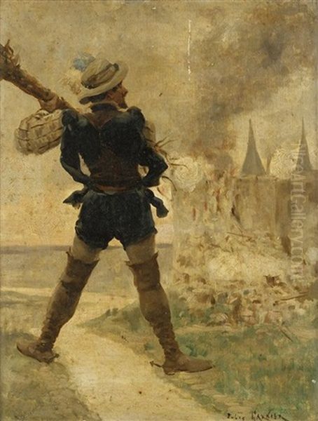 Personnage Devant Un Fort En Flammes Oil Painting by Jules Arsene Garnier