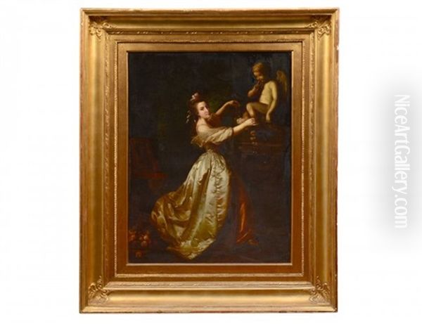 Elegant Lady In Silk And Cupid In An Interior Oil Painting by Michel Garnier