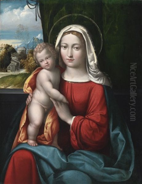 Madonna And Child Before A Curtain, A Mountainous Landscape Beyond Oil Painting by Benvenuto Tisi da Garofalo