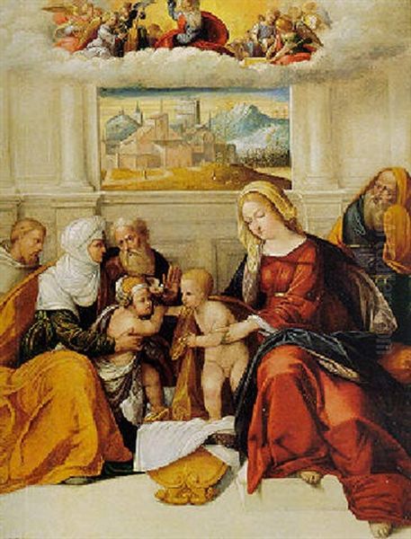 The Holy Family With The Infant Saint John The Baptist, Saints Elizabeth, Zacharias (and Francis?) Oil Painting by Benvenuto Tisi da Garofalo