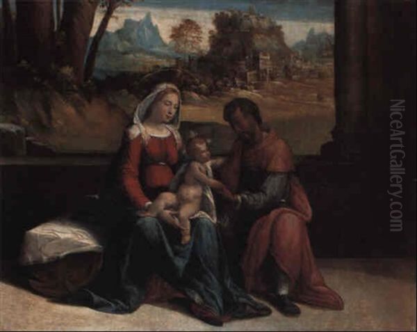 The Holy Family On A Porch, A Rocky Landscape With A Town Beyond Oil Painting by Benvenuto Tisi da Garofalo