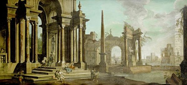 An Architectural Capriccio With Figures Making Music And Dancing, With A Lake And A Village On The Horizon Oil Painting by Pietro Francesco Garoli