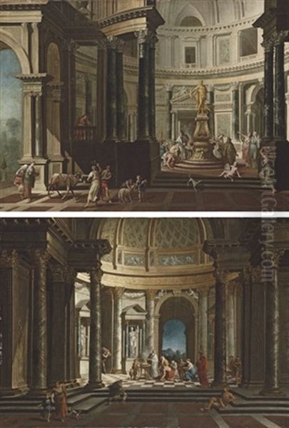 A Capriccio Of The Interior Of A Temple With A Scene Of Sacrifice To Jupiter (+ A Capriccio Of The Interior Of A Temple With A Scene Of Sacrifice; Pair) Oil Painting by Pietro Francesco Garoli