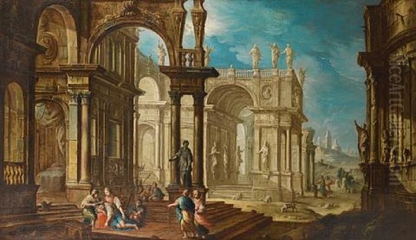 An Architectural Capriccio With The Old Testament Episode Of Samson And Dalila Oil Painting by Pietro Francesco Garoli