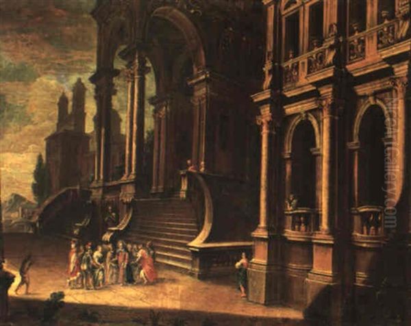 Capriccio With Christ And The Woman Taken In Adultery Oil Painting by Pietro Francesco Garoli