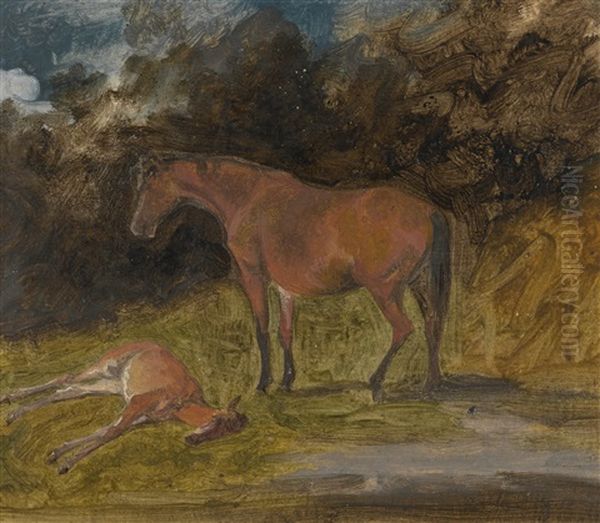 A Mare And Foal, Prince Of Wales's Stud Aston Clinton Oil Painting by George Garrard