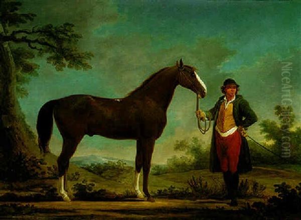 A Bay Hunter Held By His Owner In A Landscape Oil Painting by George Garrard