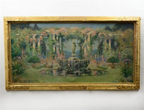 Sylvan Landscape With Fountain And Peacocks Oil Painting by Edmund Henry Garrett