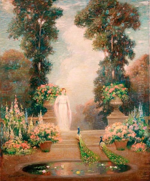 Allegorical Figure In A Blooming Garden With Peacocks Oil Painting by Edmund Henry Garrett