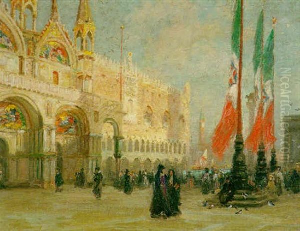 A View Of Piazza San Marco With Figures Gathered Outside The Doge's Palace, Venice Oil Painting by Edmund Henry Garrett