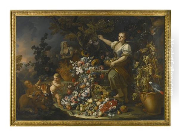 Two Young Women Bring Flowers To A Fountain From Which Other Flowers Are Spilling, With Two Putti Adorning A Calf With Garlands Oil Painting by Giorgio Garri