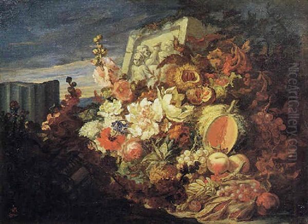 Natura Morta Di Frutta E Fiori Con Frammenti Archeologici Oil Painting by Giorgio Garri