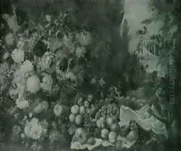 Flowers In An Urn And Fruit In A Dish On A White Cloth, A   Seated Monkey Before A Fountain Oil Painting by Giorgio Garri