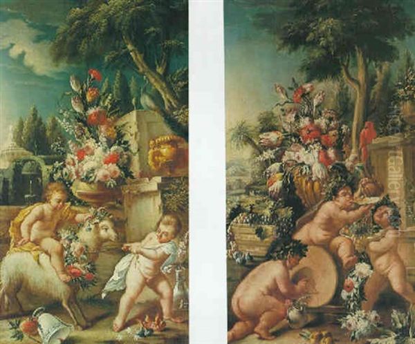 Two Putti Playing With A Goat Beside An Urn With            Flowers In A Park; Oil Painting by Giorgio Garri