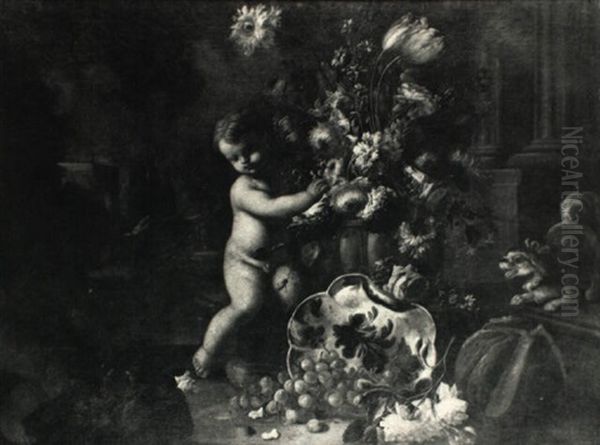 Two Putti Arranging Flowers In An Urn, An Elegant Garden    Beyond Oil Painting by Giorgio Garri