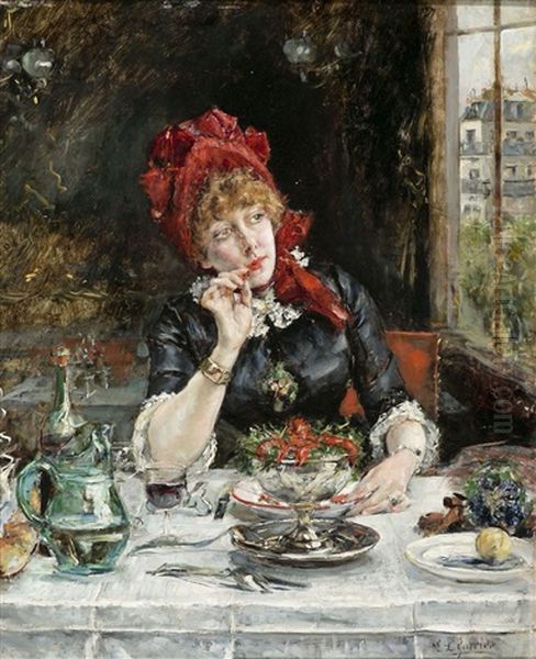 Una Joven En Un Restaurante Parisino Oil Painting by Eduardo Leon Garrido